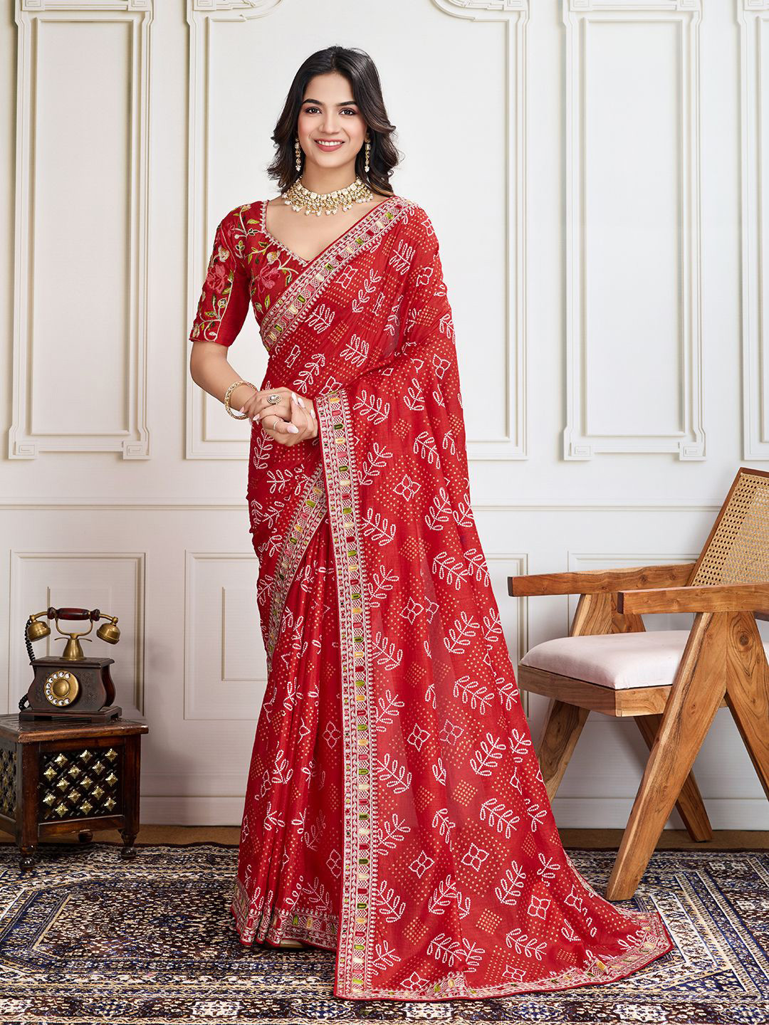 

House of Pataudi Panetar-2 Bandhani Printed With Embroidered Saree With Unstitched Blouse, Red