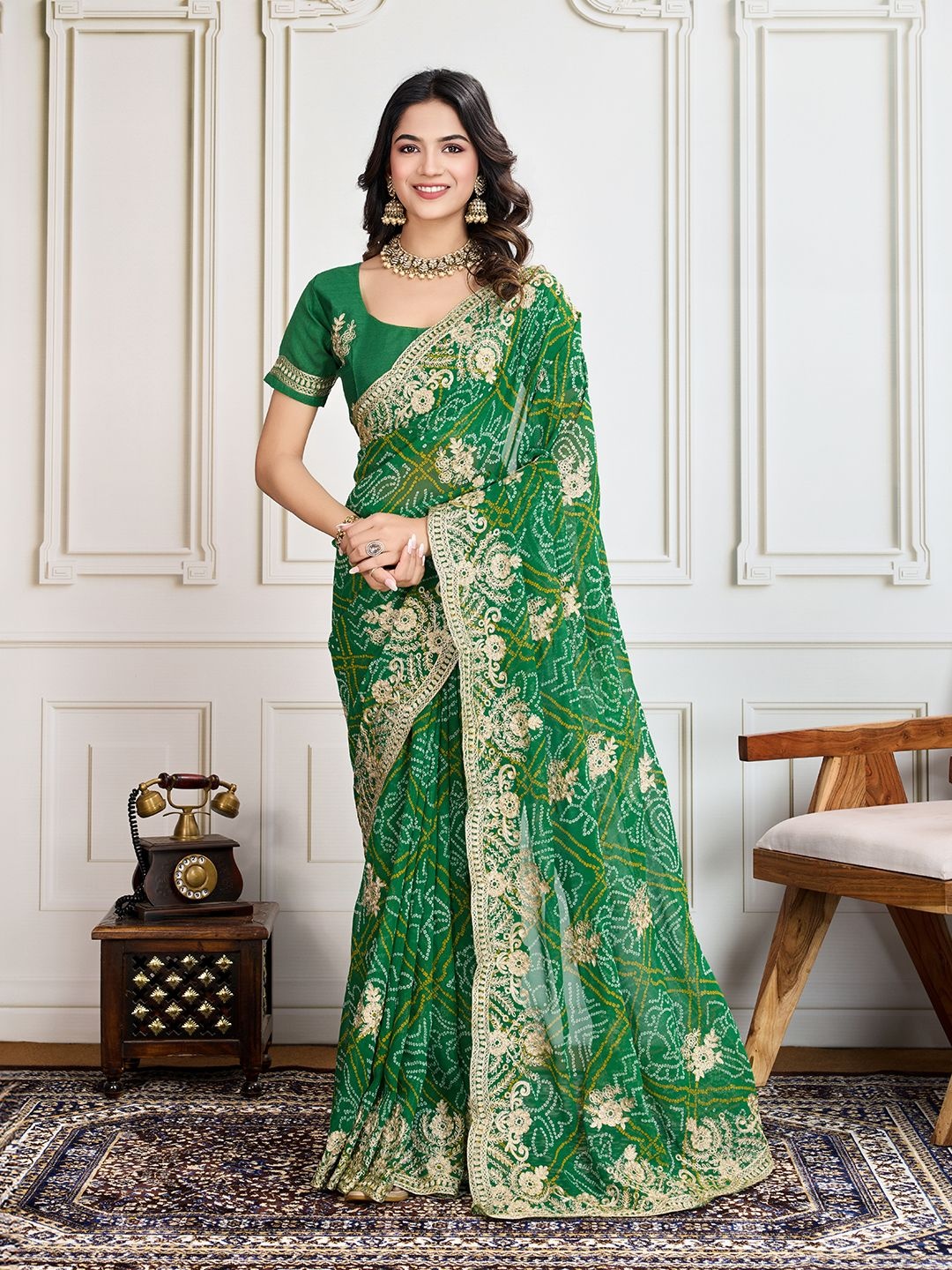 

House of Pataudi Bandhani Printed With Embroidered Saree With Unstitched Blouse, Green