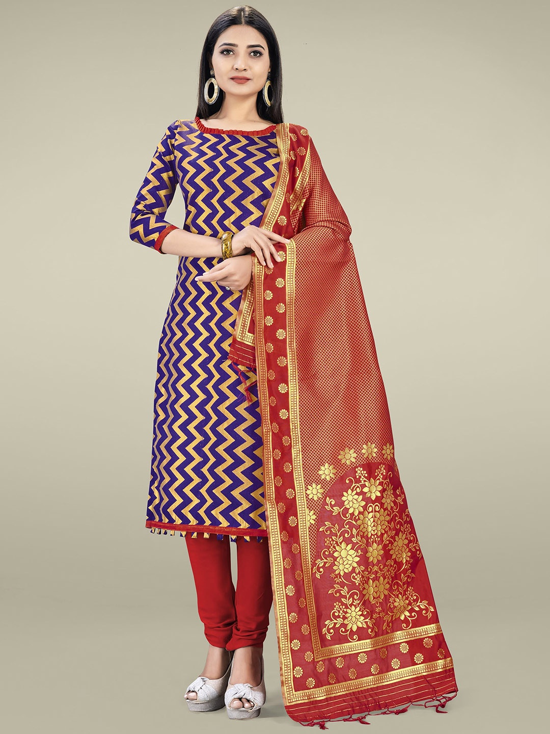 

SAINOOR Chevron Woven Design Unstitched Dress Material, Navy blue