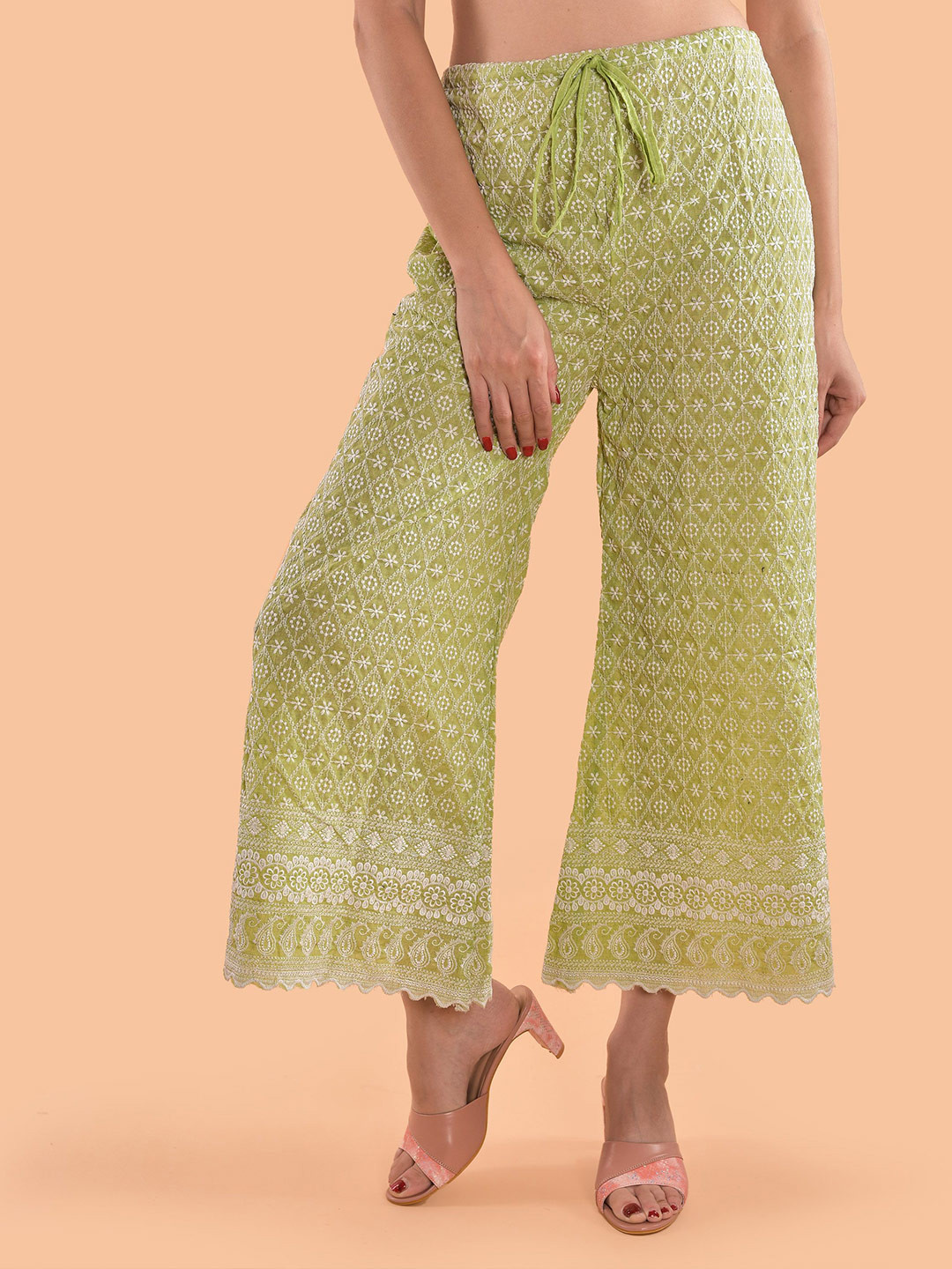 

LILY BUDS Women Floral Embroidered Lace Palazzos, Green