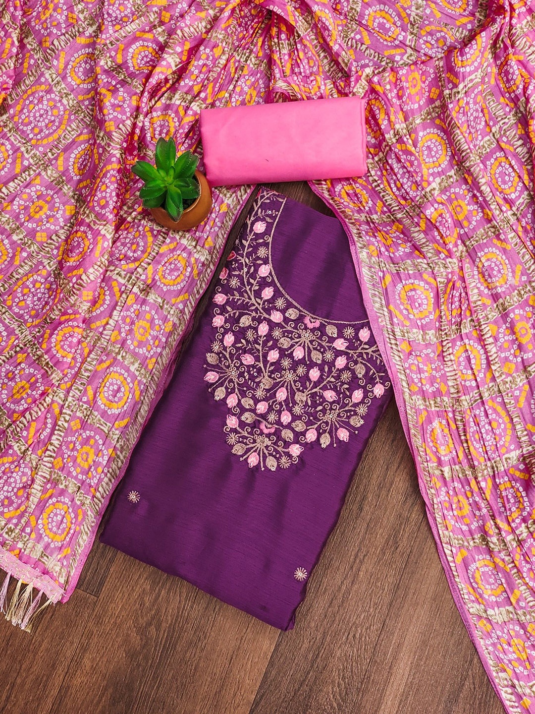 

Rangtulika Ethnics Floral Embroidered Cotton Unstitched Dress Material, Purple