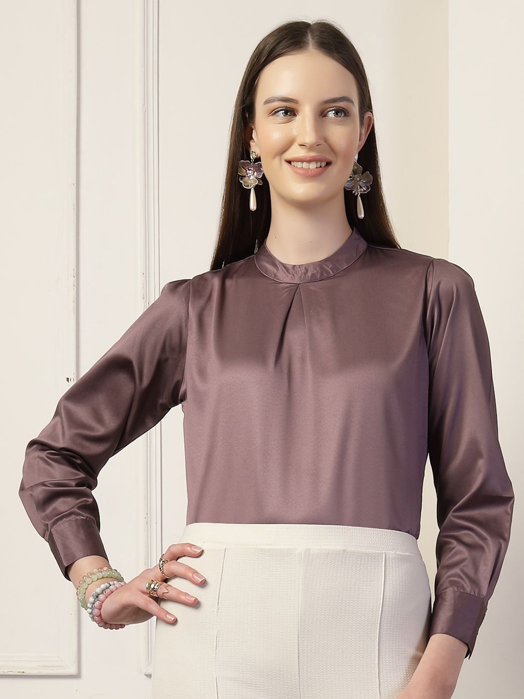 

Style Quotient Mandarin Collar Satin Top, Mauve