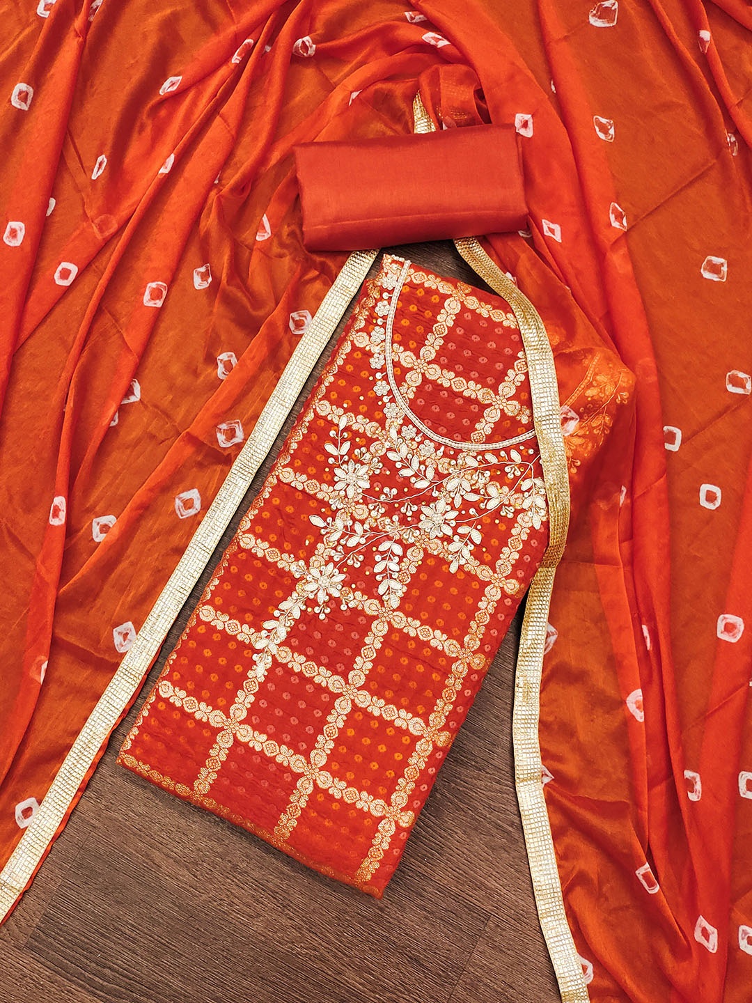 

MANVAA Embellished Unstitched Dress Material, Orange