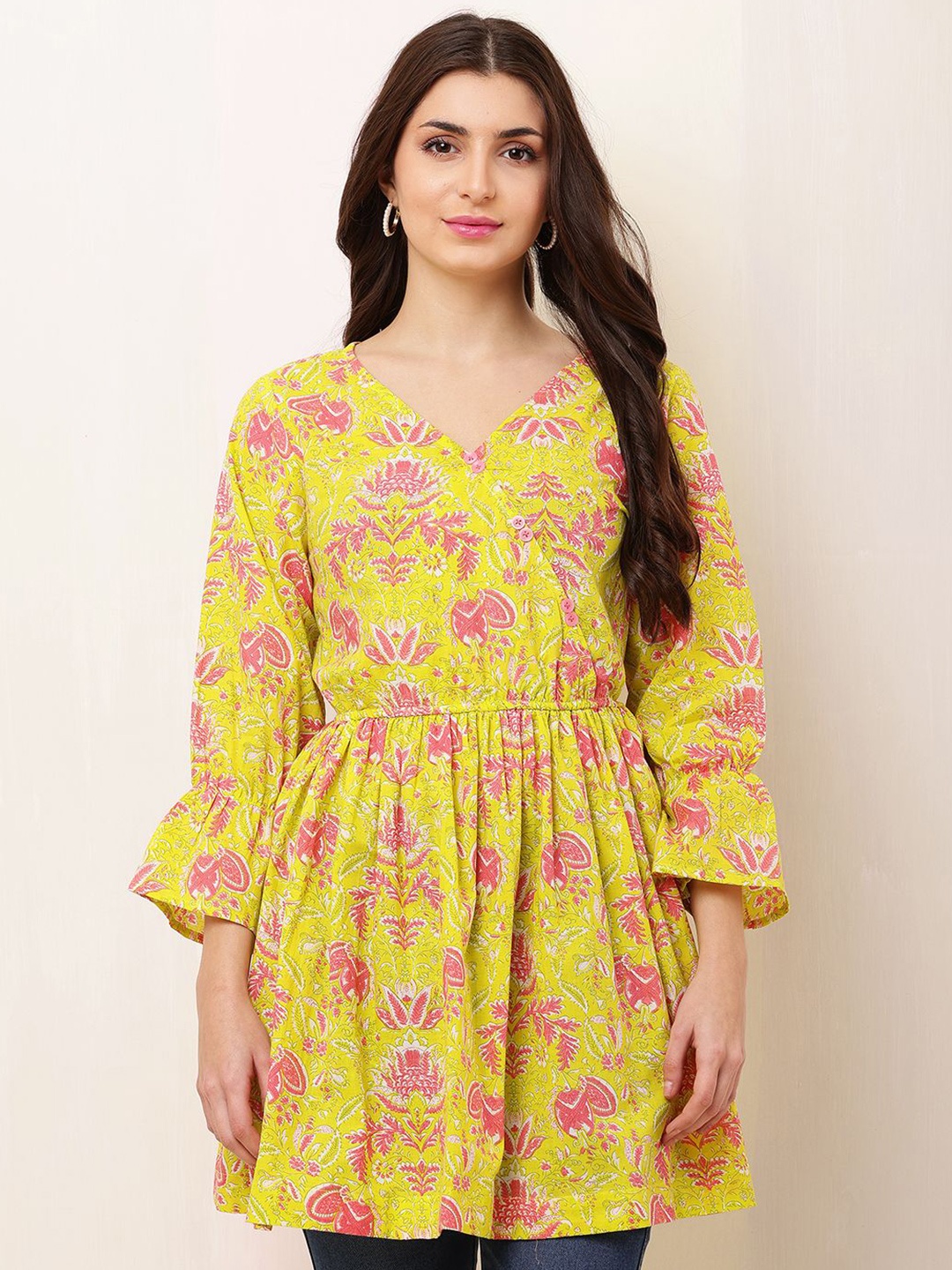 

HELLO DESIGN Floral Print Cotton Empire Top, Mustard