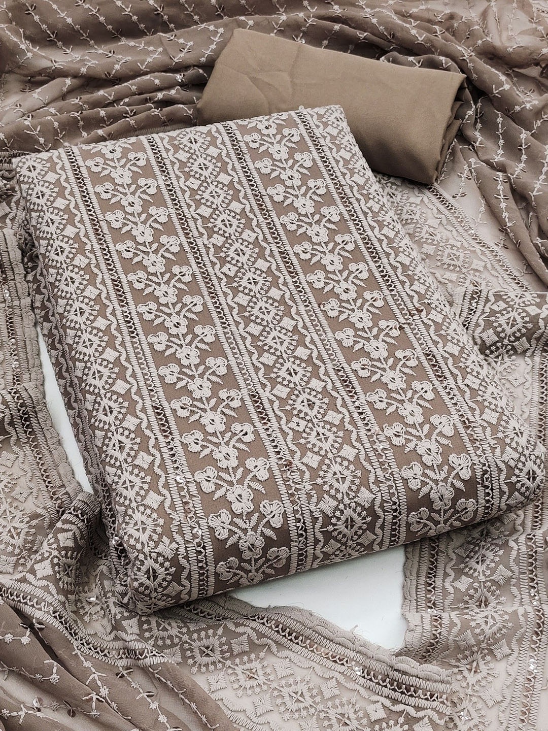 

Rangtulika Floral Embroidered Chikankari Soft Georgette Unstitched Dress Material, Brown