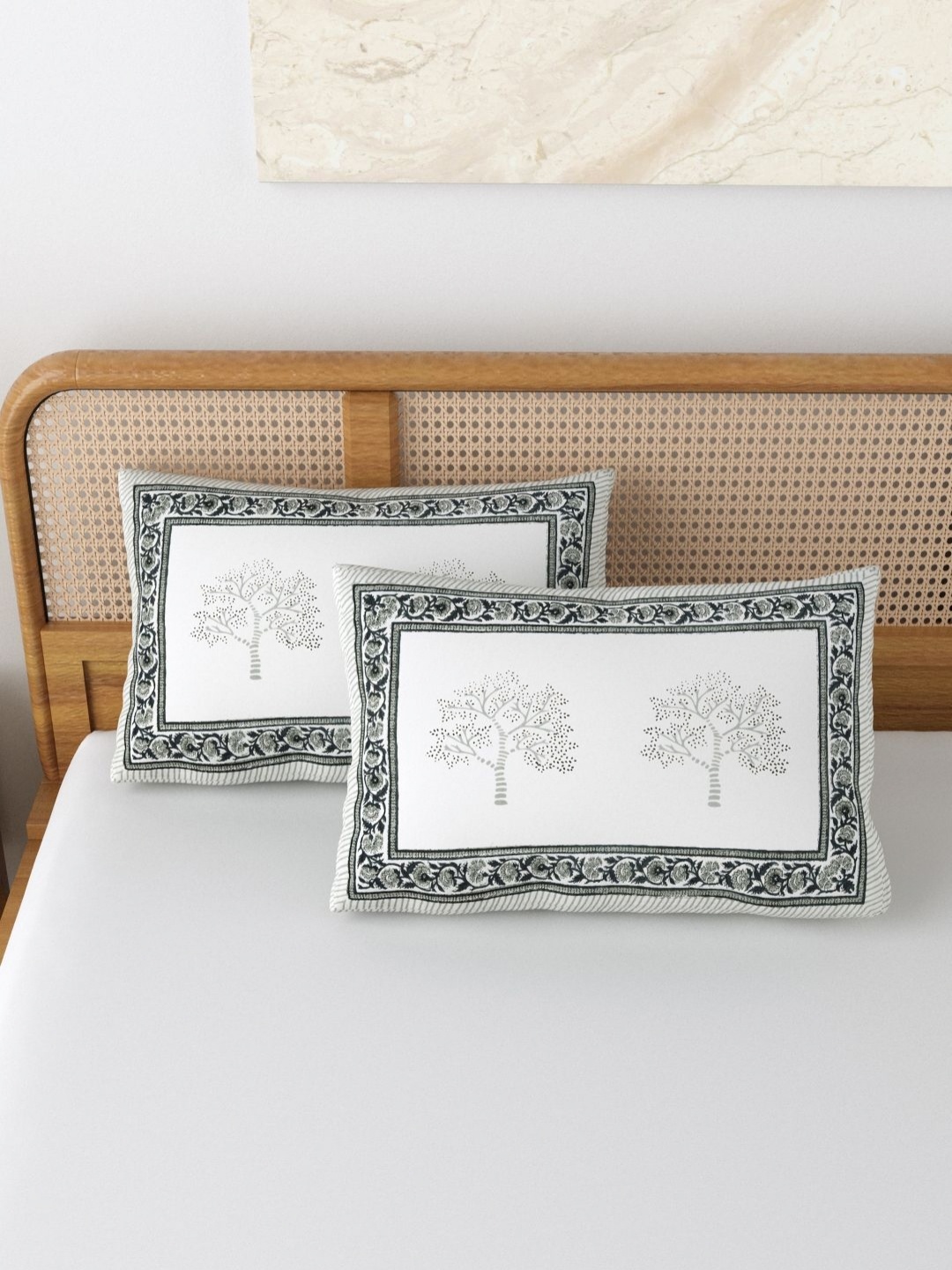 

BLOCKS OF INDIA Grey & White 2 Pieces Printed Pure Cotton Rectangle Pillow Covers