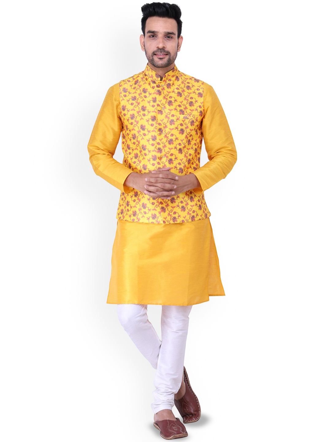 

Sadree Mandarin Collar Dupion Silk Kurta And Churidar With Nehru Jacket Set, Yellow