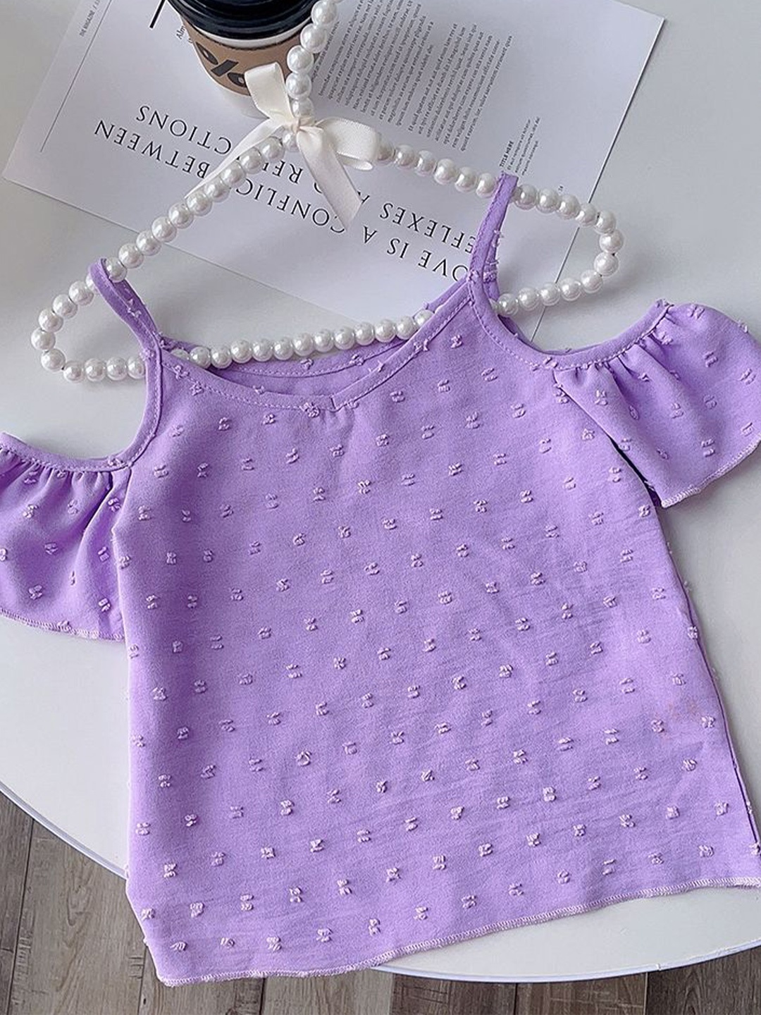 

LULU & SKY Polka Dot Print Cold-Shoulder Crop Top, Purple