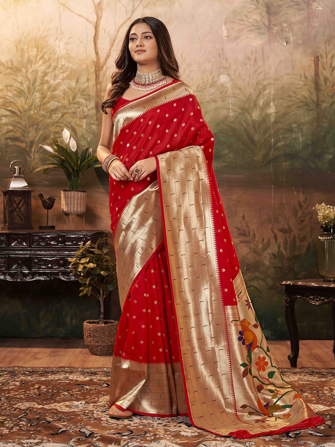 

Blissta Woven Design Zari Silk Blend Paithani Saree, Red