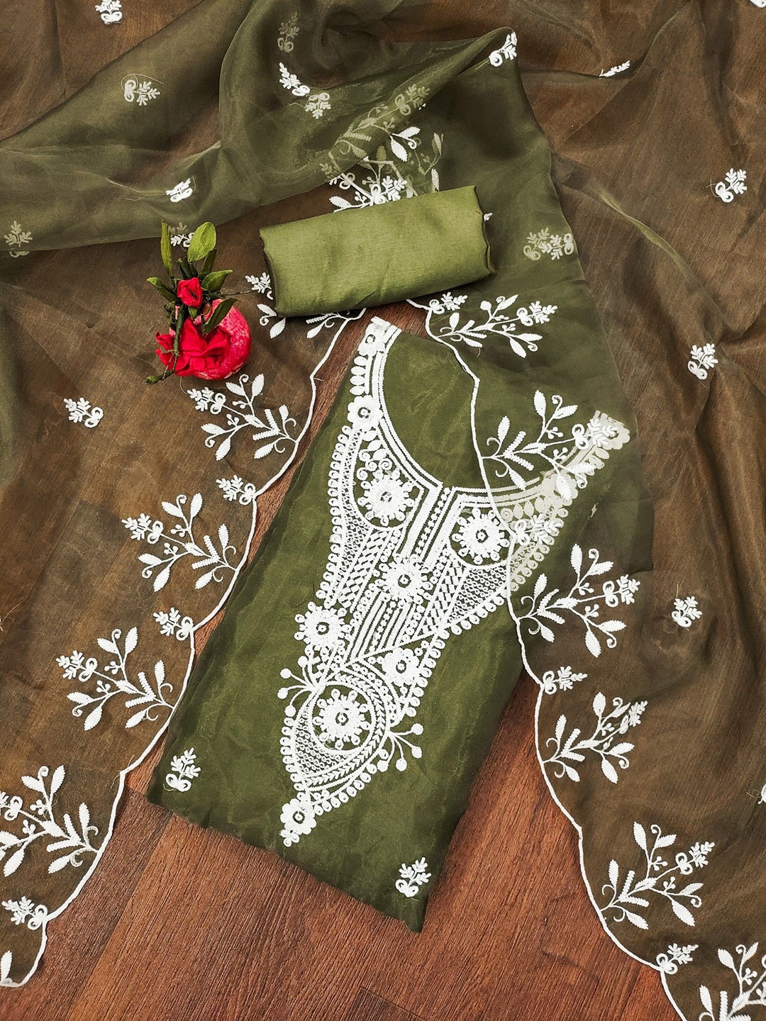 

Rangtulika Floral Embroidered Organza Unstitched Dress Material, Olive