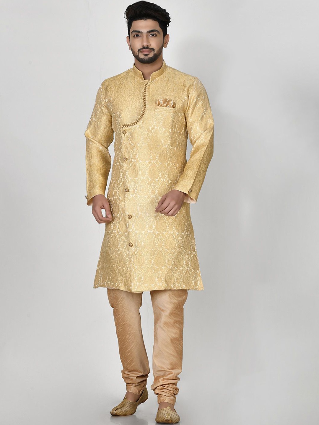 

RANAK Geometric Woven Design Mandarin Collar Jacquard Straight Kurta, Gold