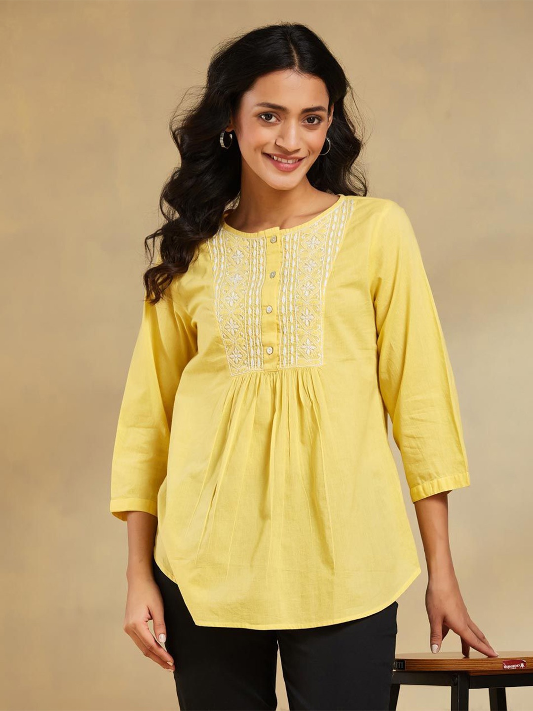 

Fabindia Embroidered Cotton Top, Yellow
