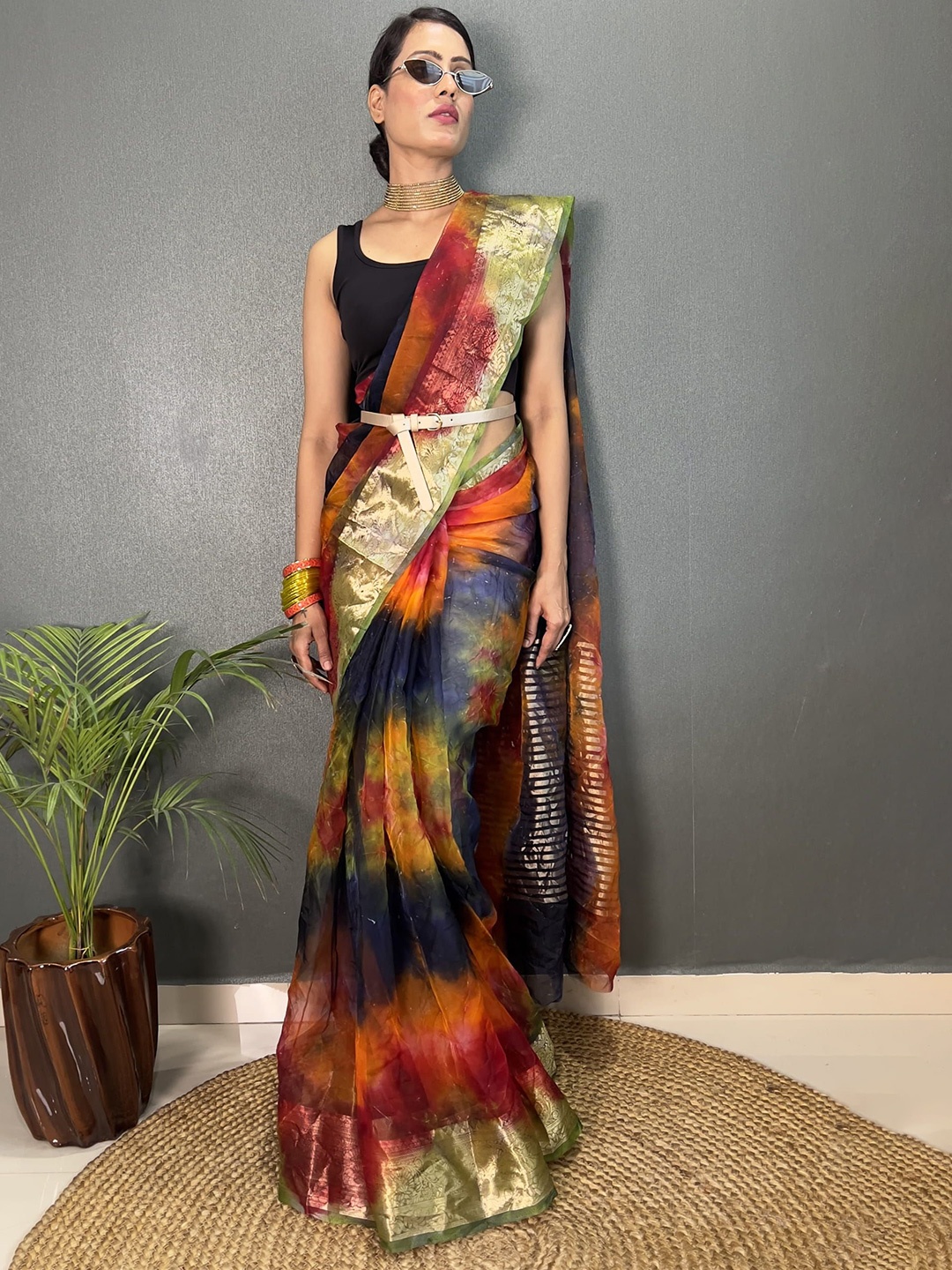 

V3 FASHION STUDIO Zari Organza Saree, Orange