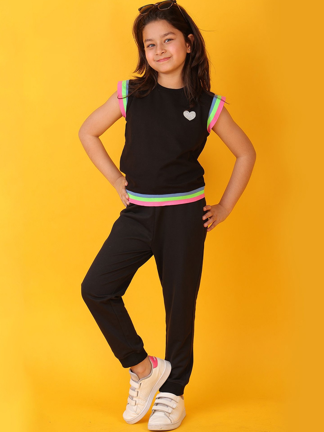 

Anthrilo Girls Interlock Fun Rib T-Shirt With Jogger Set, Black