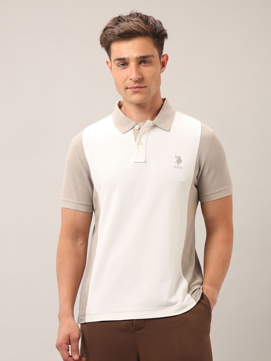 

U.S. Polo Assn. Denim Co. Men Brand Logo Colourblocked Polo Collar Applique Slim Fit T-shirt, Beige