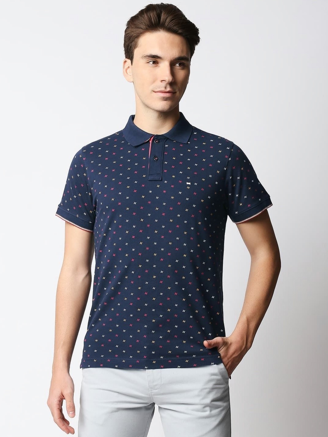 

Basics Men Printed Polo Collar Pockets Slim Fit T-shirt, Navy blue