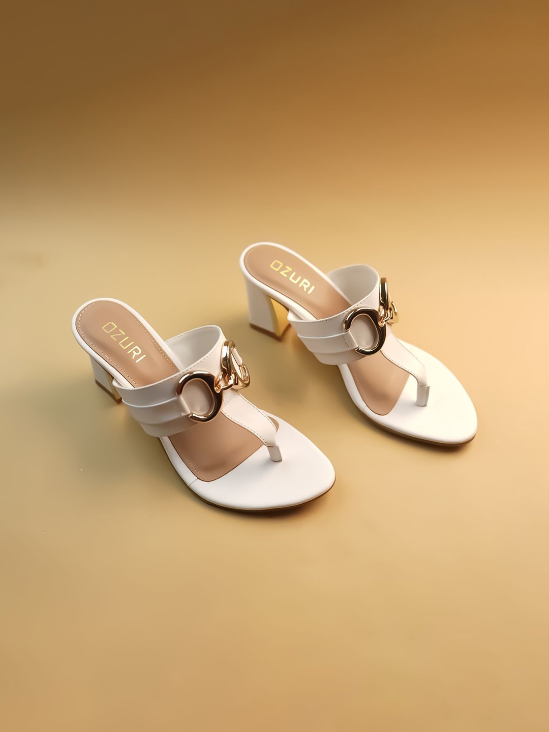 

Ozuri Embellished Party Block Sandals with Buckles, White