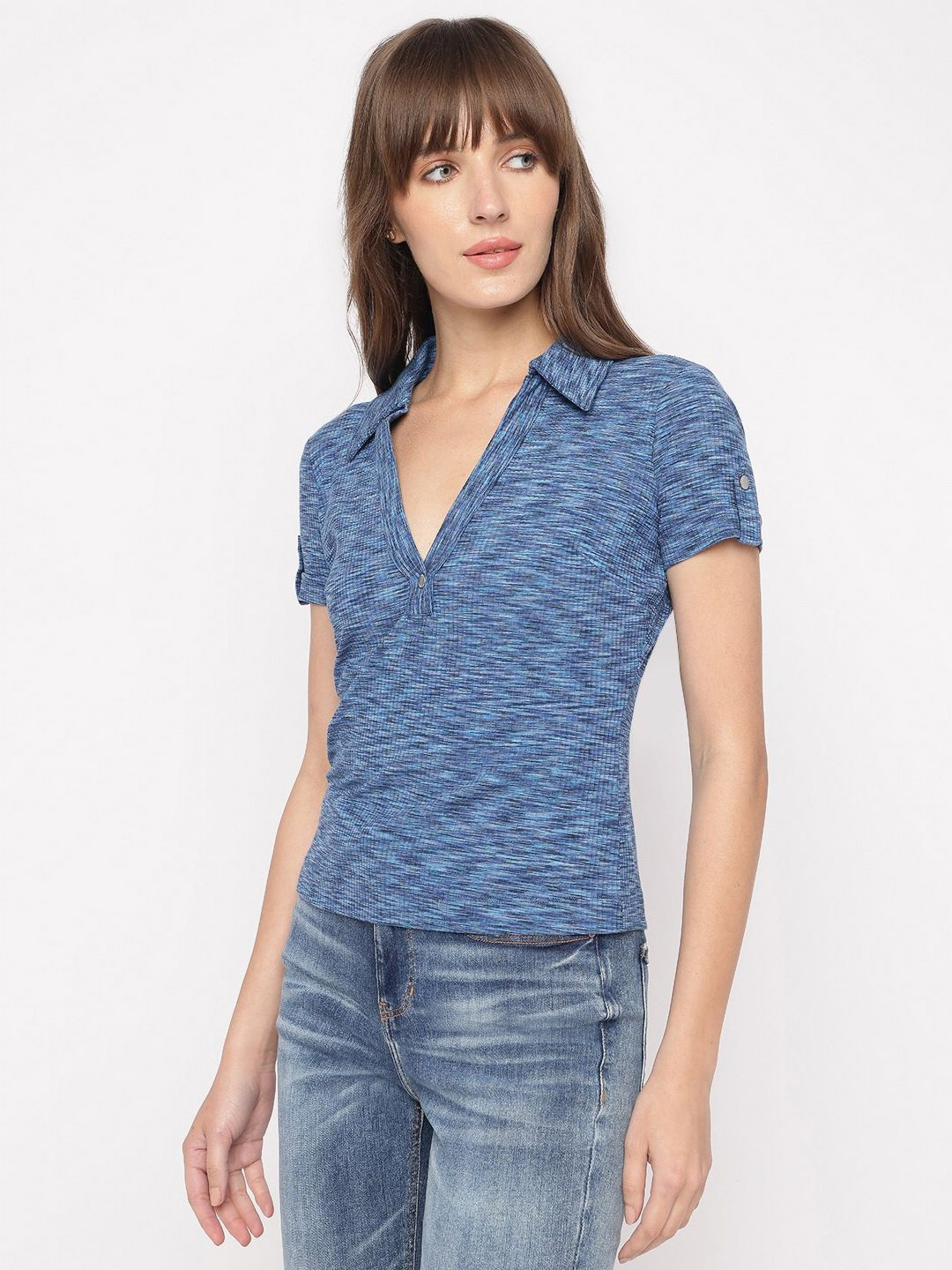 

GUESS Women Abstract Printed Polo Collar Cotton Slim Fit T-shirt, Blue