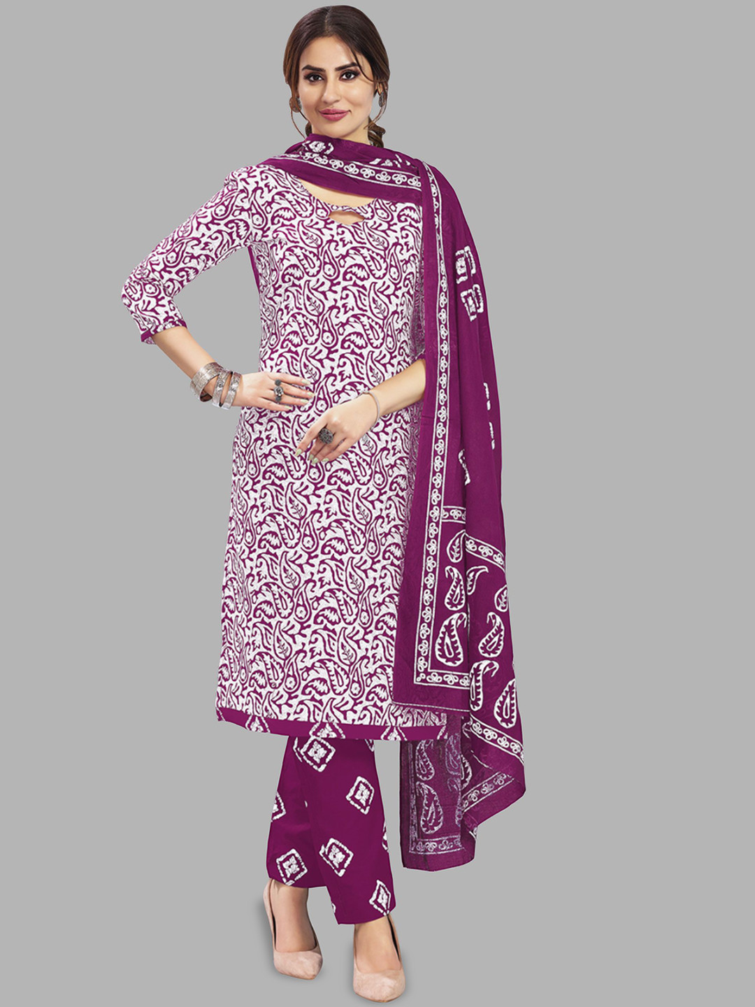 

Simmu Floral Printed Pure Cotton Straight Kurta With Trousers And Dupatta, Purple