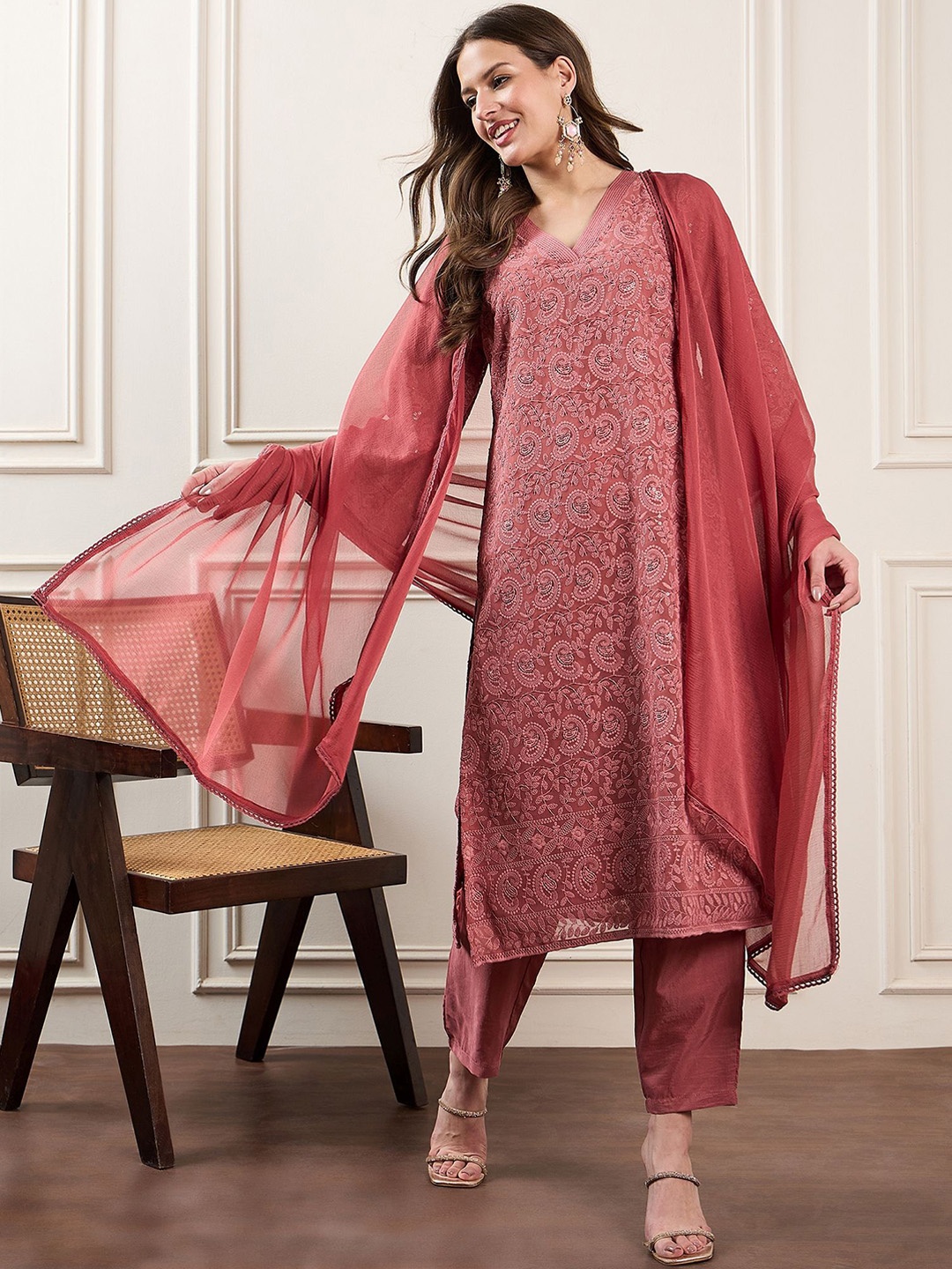 

House of Pataudi Floral Embroidered Straight Kurta With Trouser And Dupatta, Rust