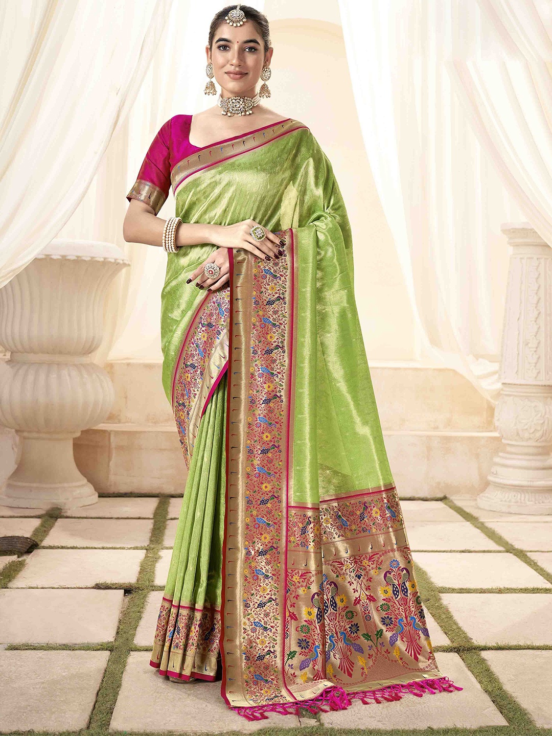 

KIMISHA Woven Design Zari Silk Blend Paithani Saree, Green