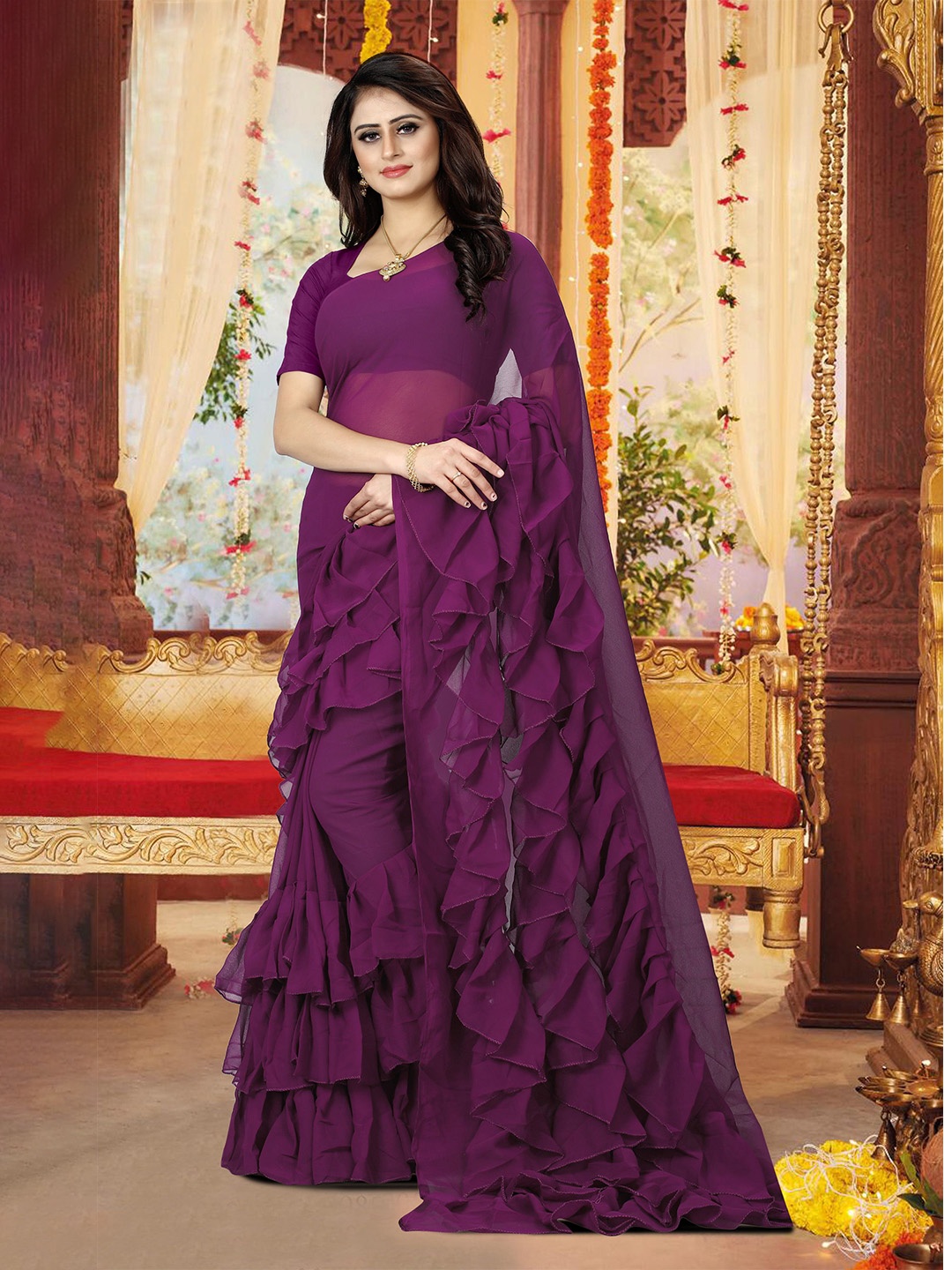 

SAREEFLAME Pure Georgette Saree, Purple