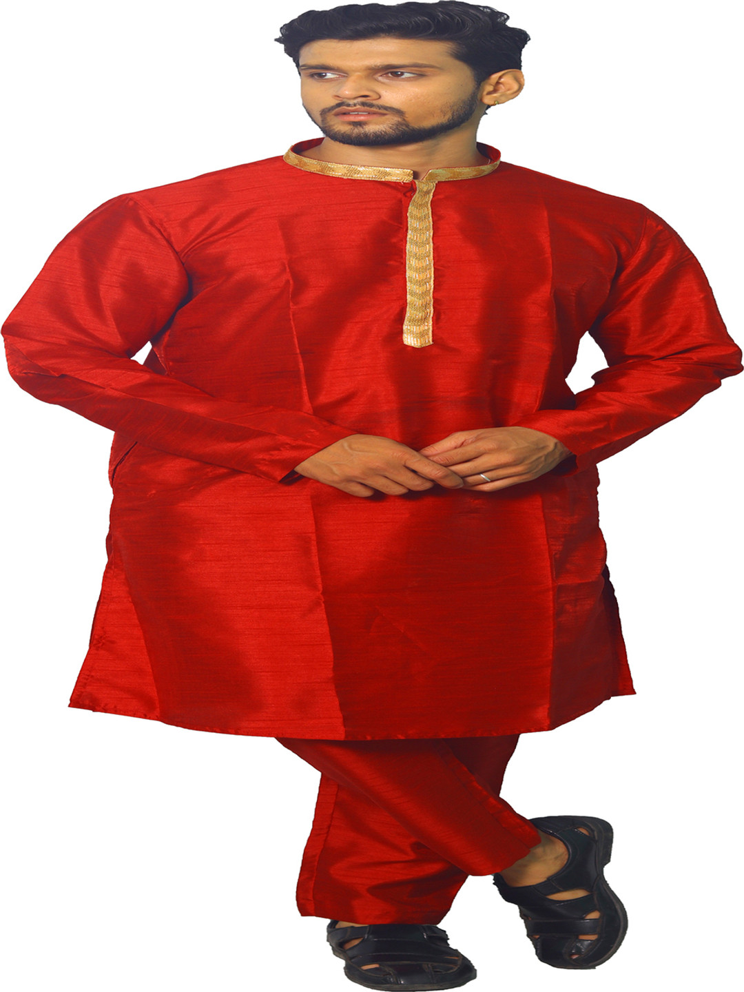 

House of Aqss Mandarin Collar Dupion Silk Straight Kurta With Pyjama, Red