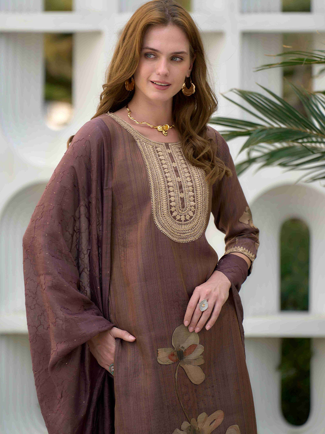 

MOJILAA Women Floral Yoke Design Regular Sequinned Kurta with Trousers & With Dupatta, Bronze