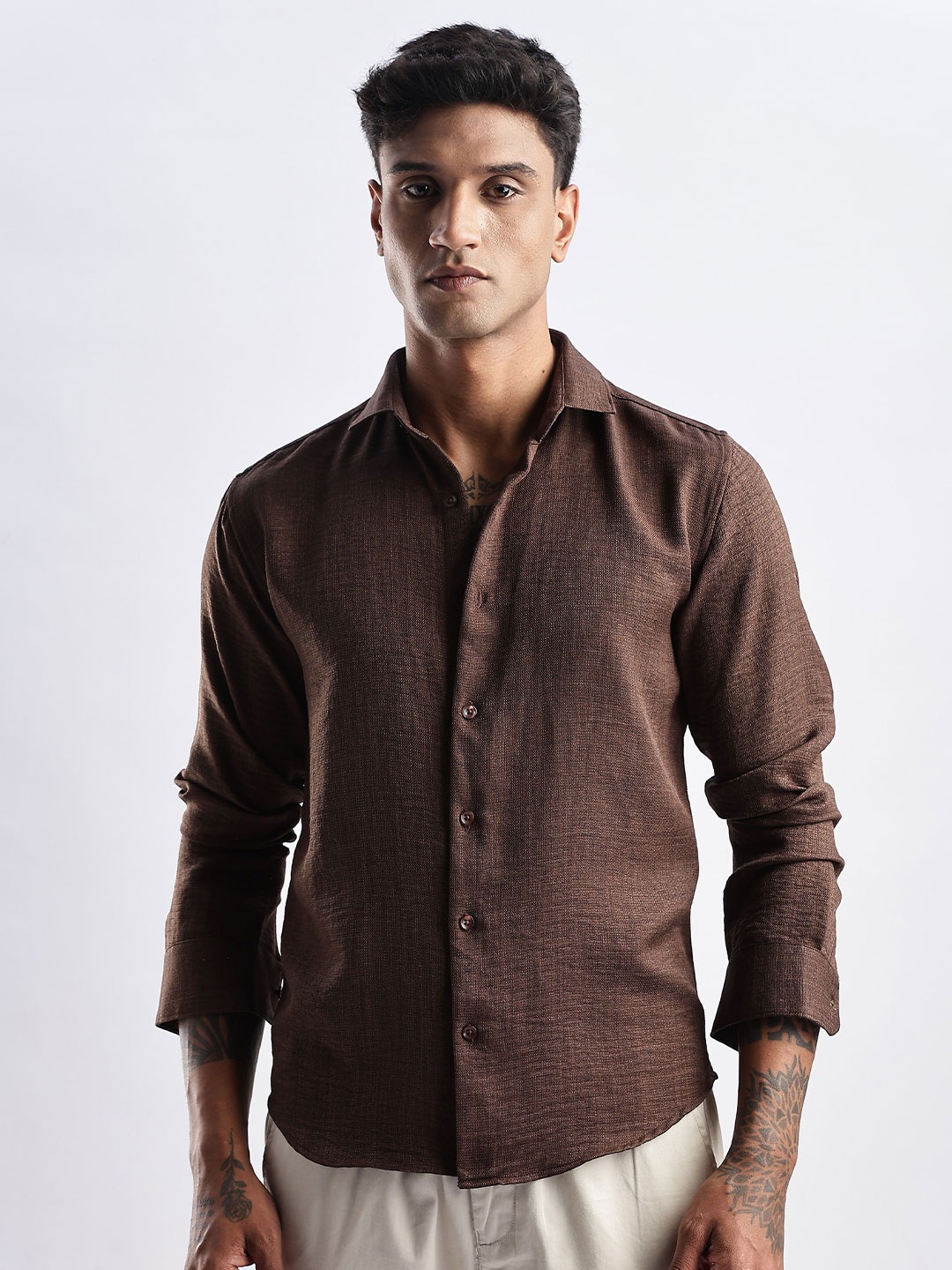 

THE BEETEL HOUSE Men Milange Linen Look Regular Slim Fit Casual Shirt, Brown