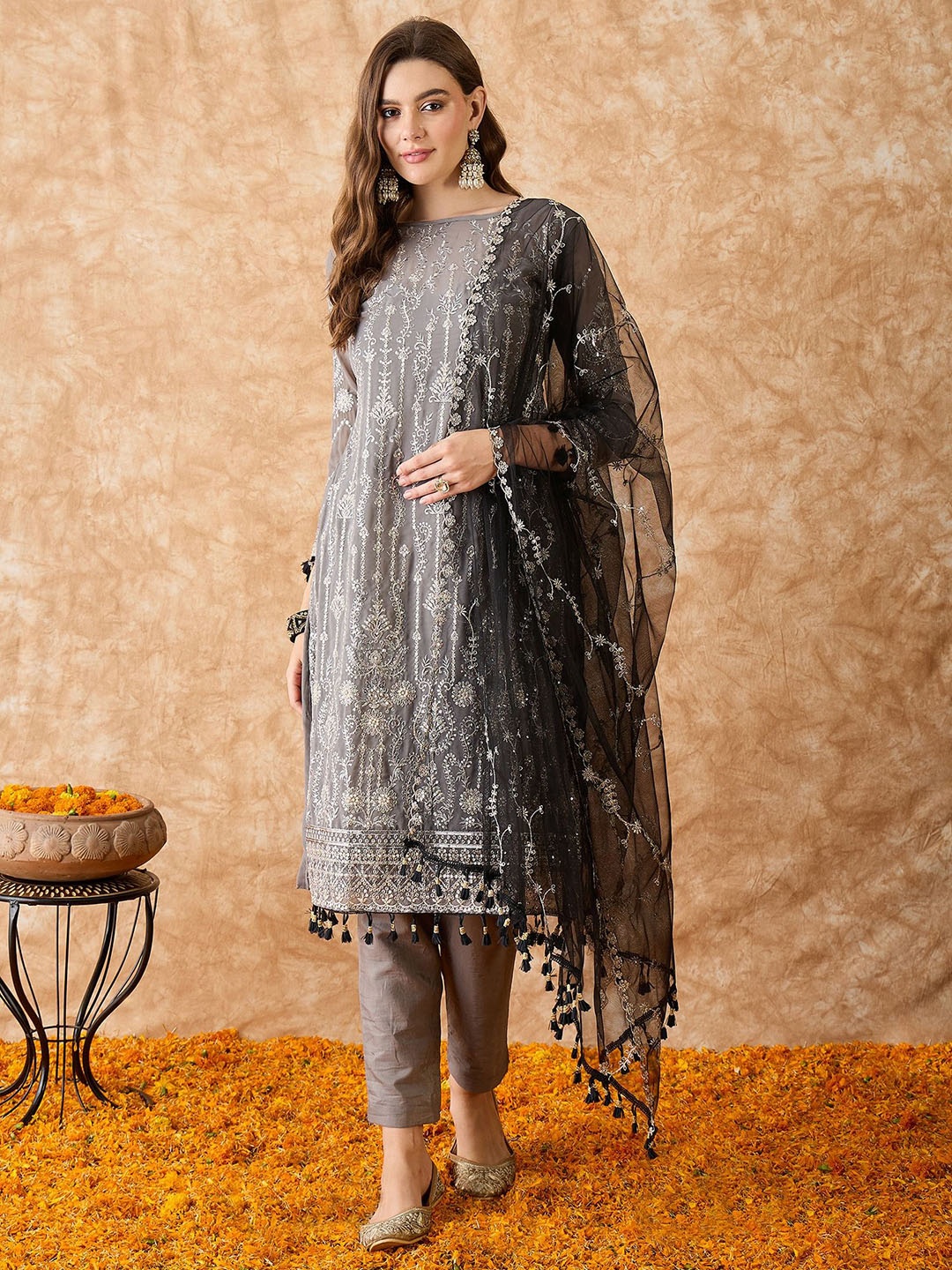 

SAINOOR Ethnic Motifs Embroidered Sequinned Silk Georgette Unstitched Dress Material, Grey