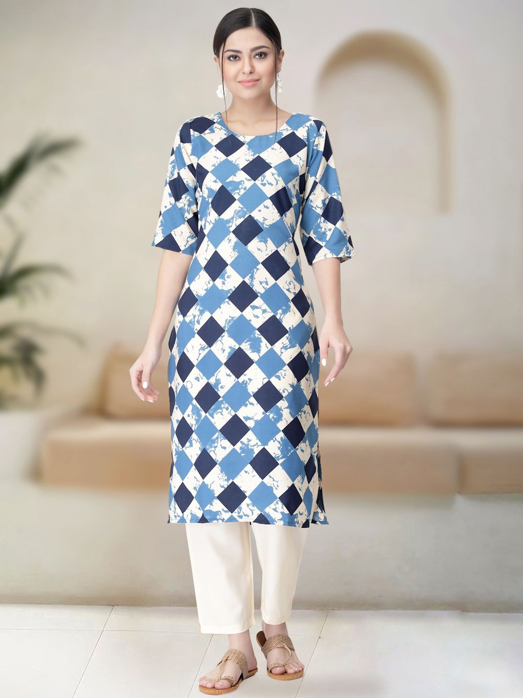 

Moda Rapido Geometric Printed Round Neck Straight Kurta With Trouser, Navy blue