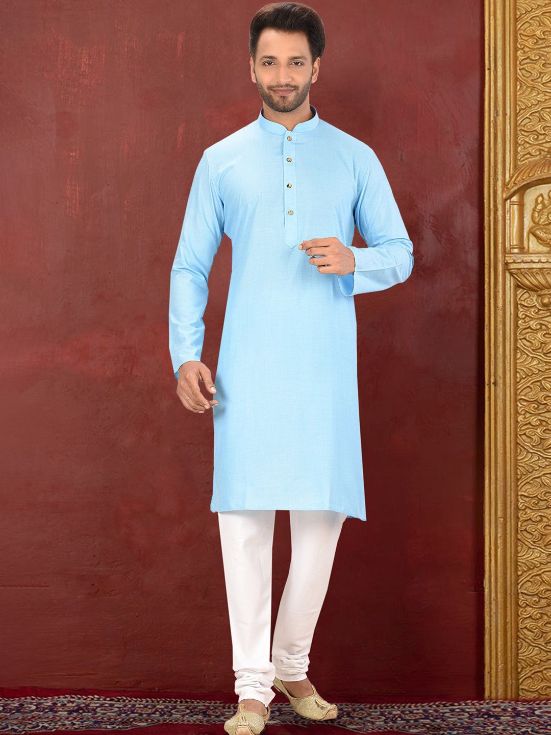 

RANAK Mandarin Collar Organic Cotton Straight Kurta, Blue