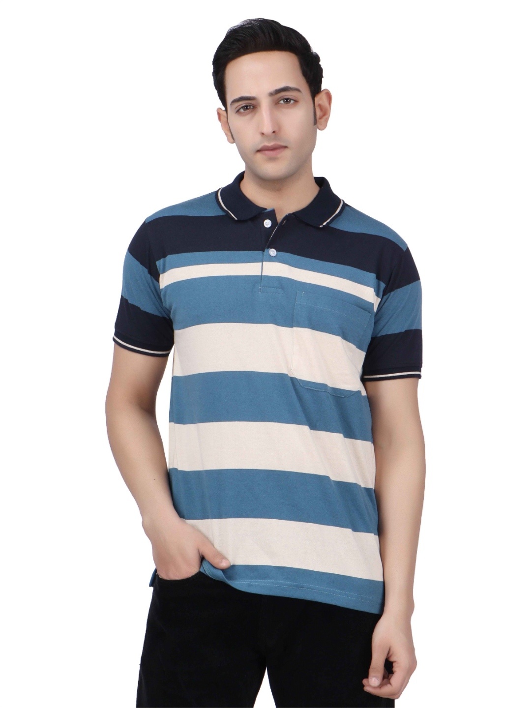 

ARMENOR Men Striped Polo Collar Pockets T-shirt, Navy blue