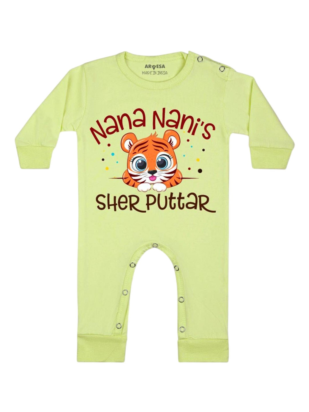 

Arvesa Kids Nana Nani Sher Puttar Printed Baby Romper, Yellow