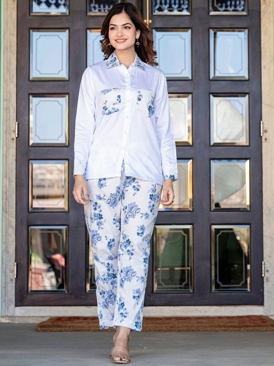 

SAADGEE Cotton Printed Shirt & Trousers Co-OrdsSet, White