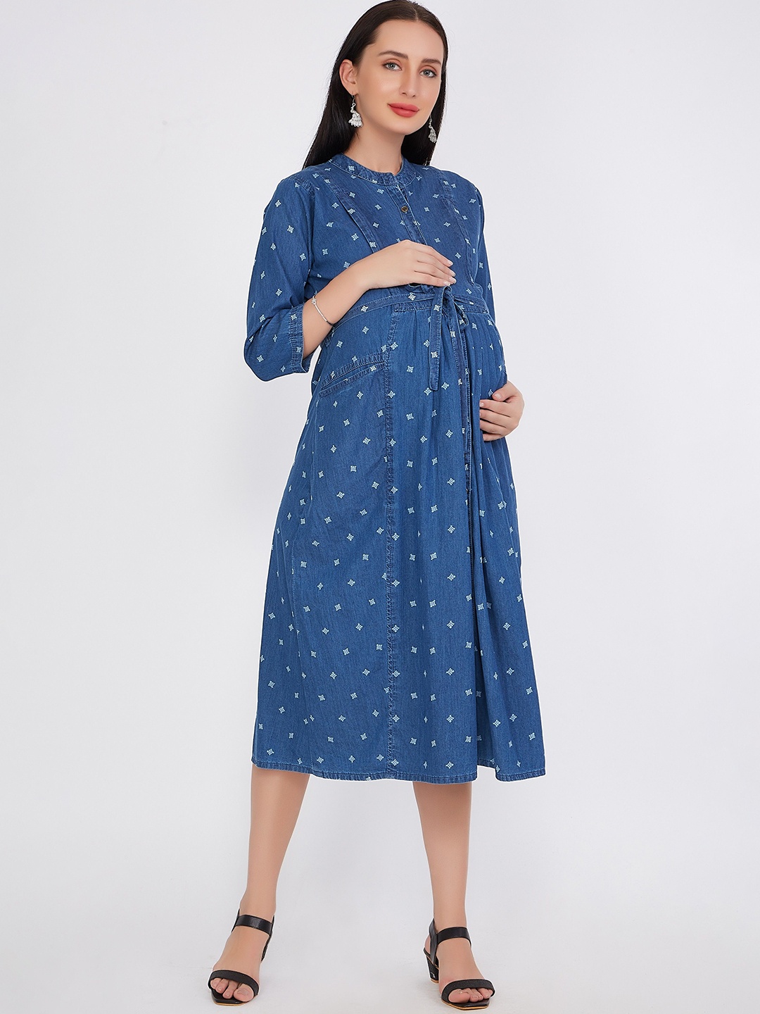 

CEFALU Print Denim Maternity A-Line Midi Dress, Blue