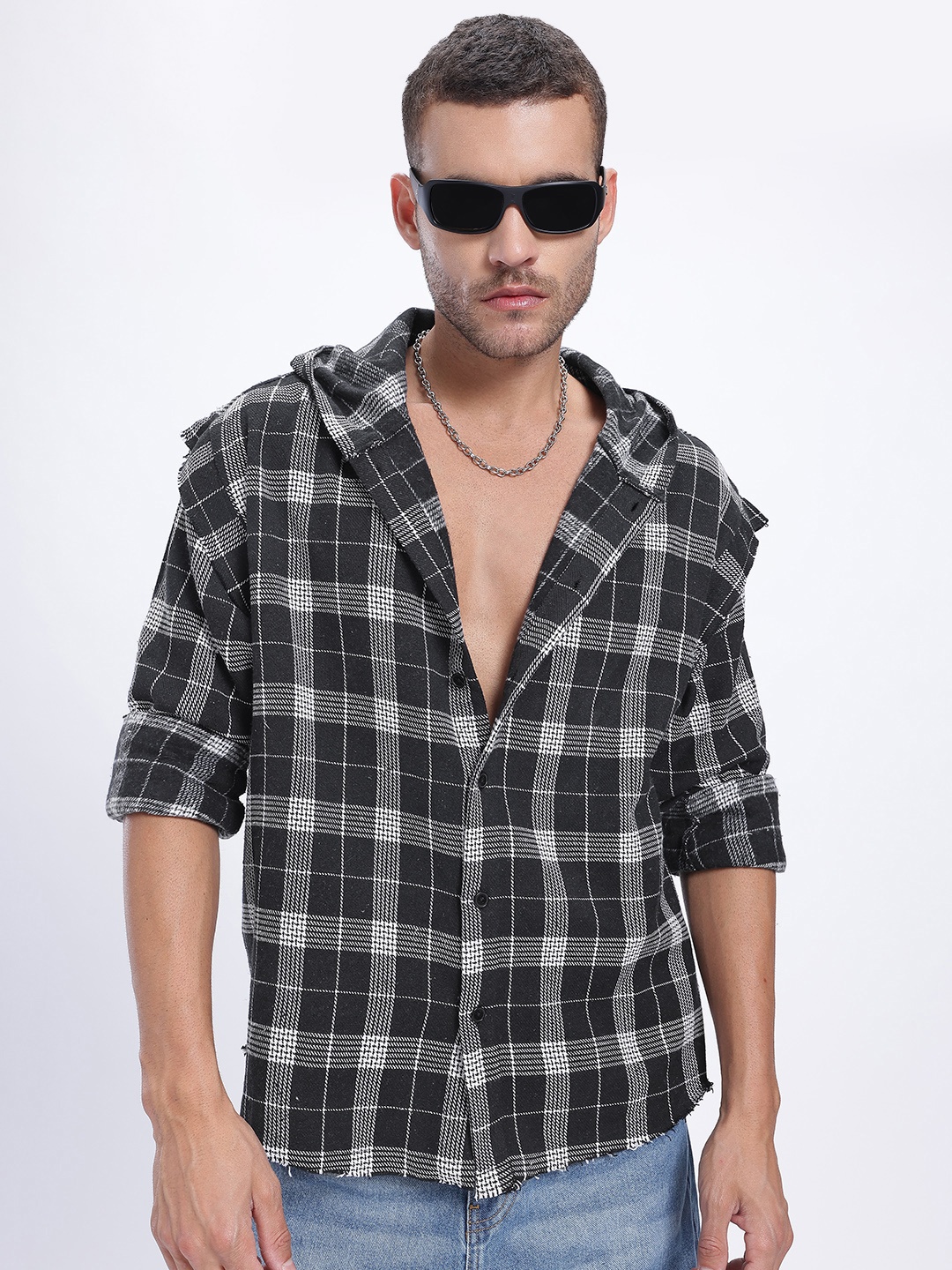 

glitchez Hooded Checked Oversized Shirt, Black