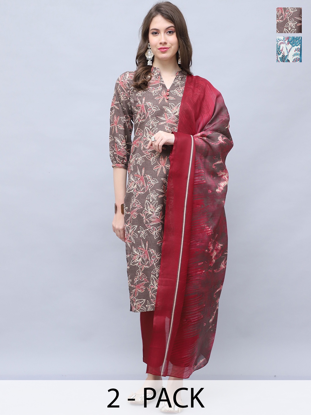 

KALINI Women Floral Printed Regular Kurta with Trousers & With Dupatta, Brown