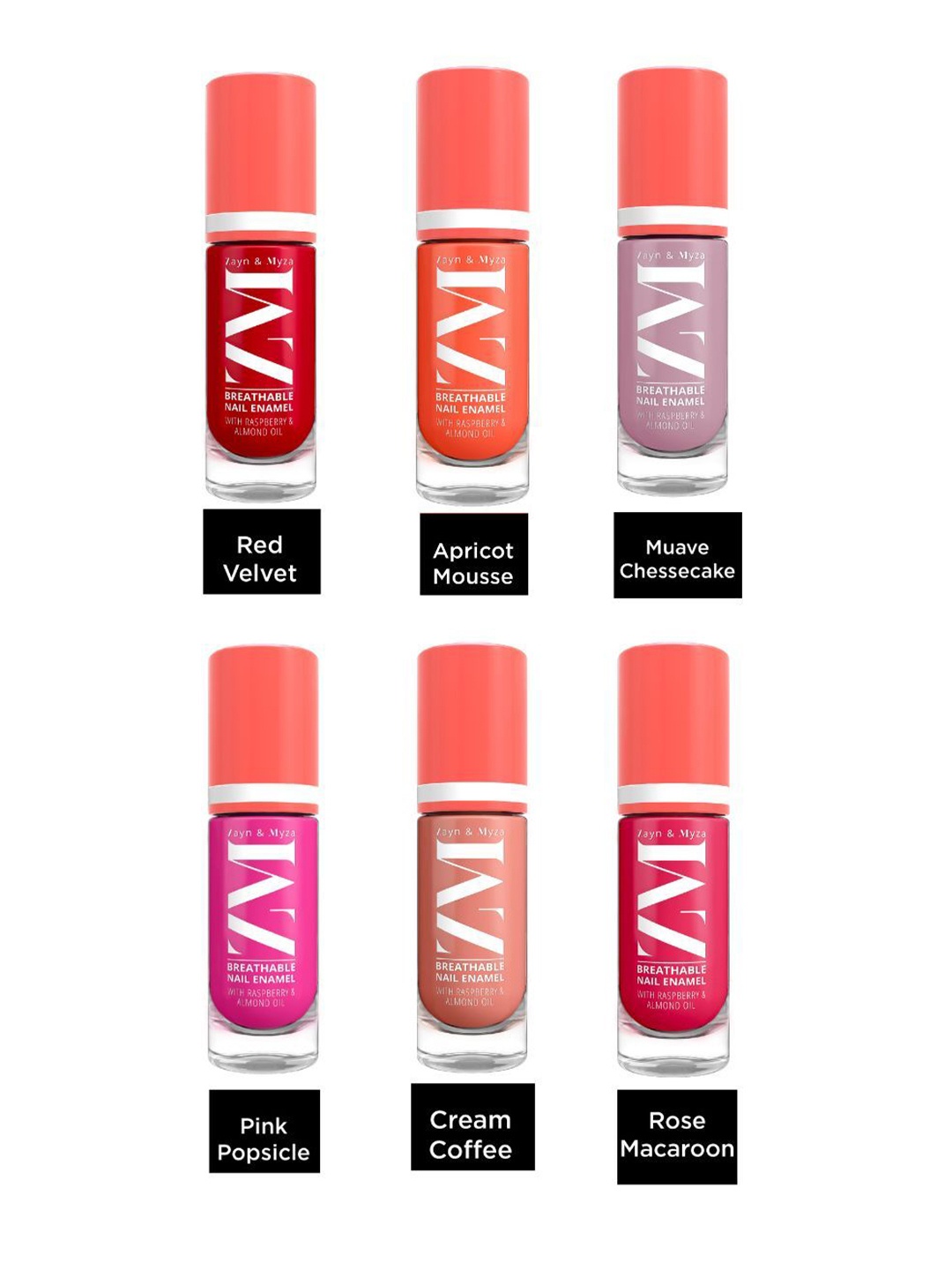 

ZM Zayn & Myza Set Of 6 Breathable Nail Enamel With Raspberry & Almond Oil - 6 ml Each, Pink
