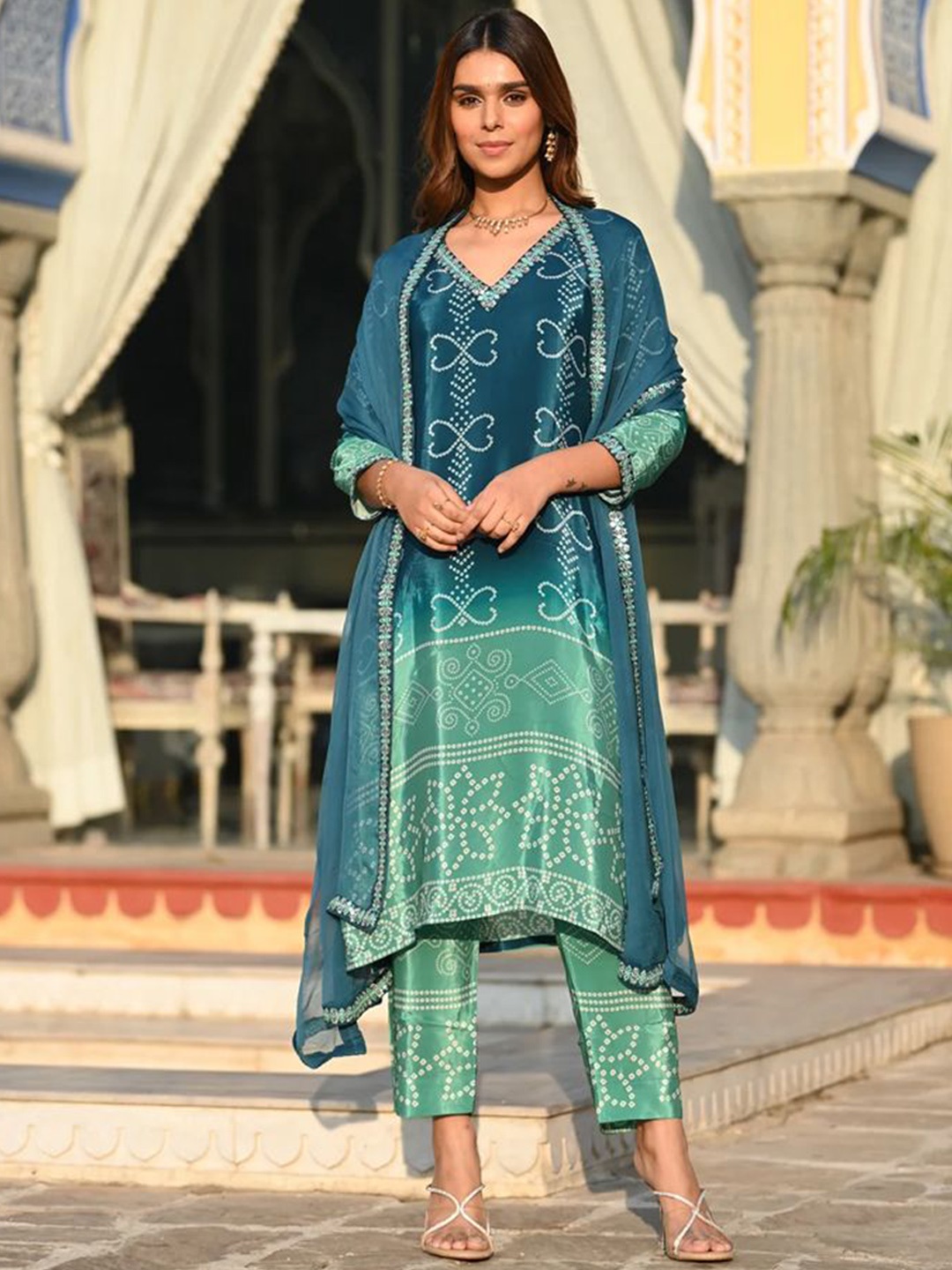 

Sanwariya Silk Bandhani Printed V-Neck Silk Chiffon Kurta With Trousers & Dupatta, Teal