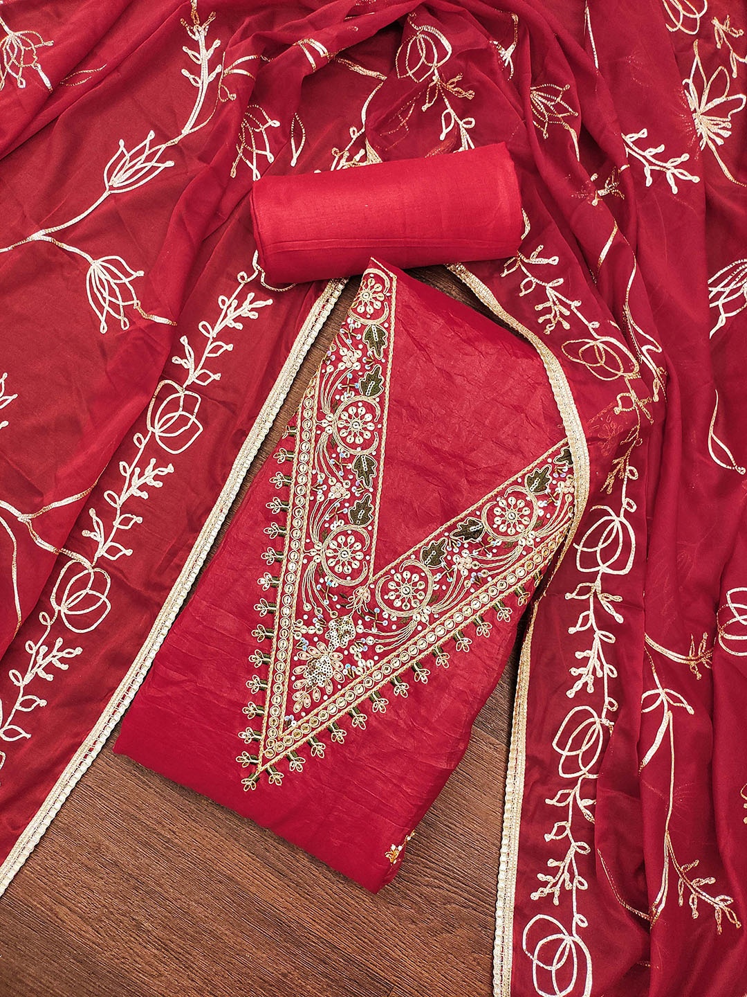 

MANVAA Embellished Unstitched Dress Material, Red
