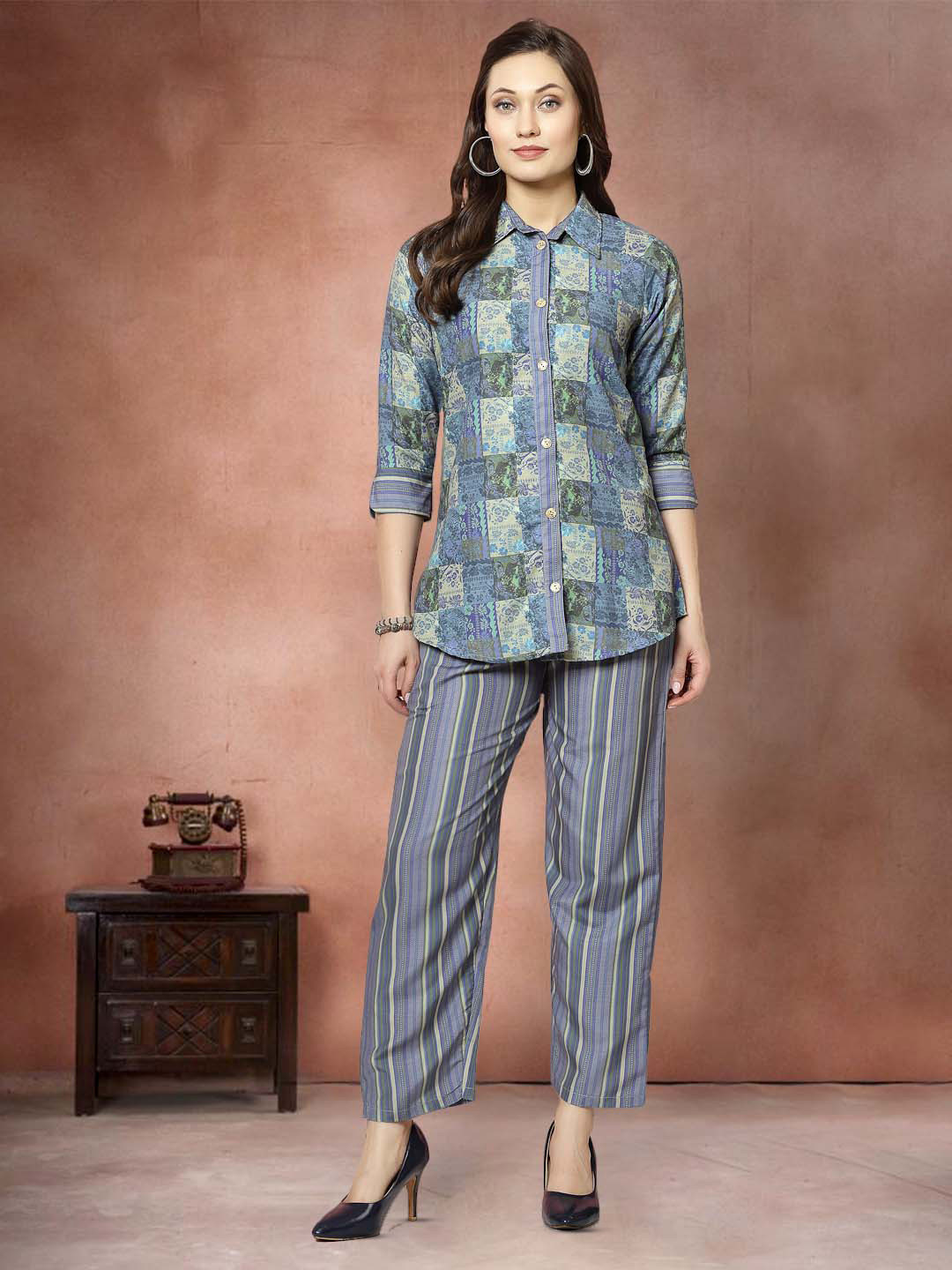 

Moda Rapido Printed Shirt Collar Shirt With Trousers Co-Ords, Blue