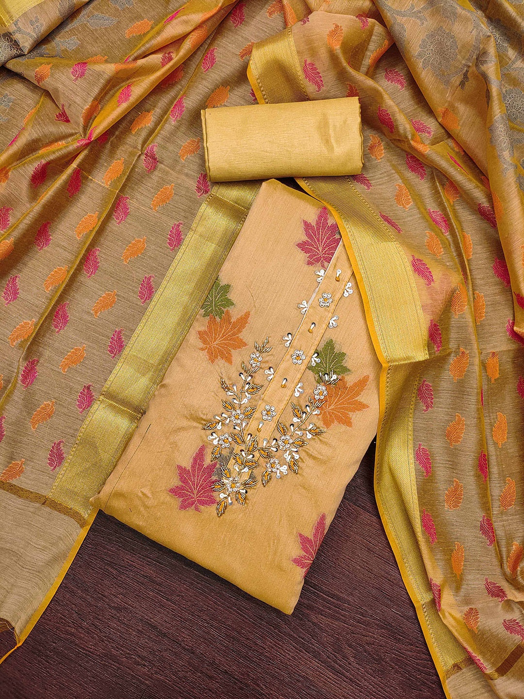 

SAINOOR Floral Woven Design Zari Semi-Stitched Dress Material, Beige
