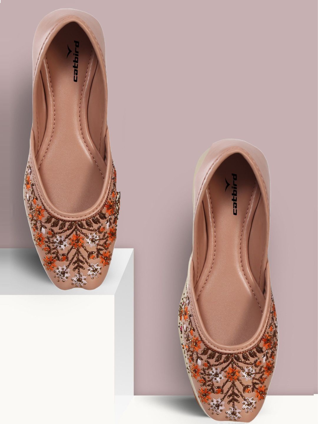 

CATBIRD Women Ethnic Mojaris Slip-On Embroidered Flats, Mauve
