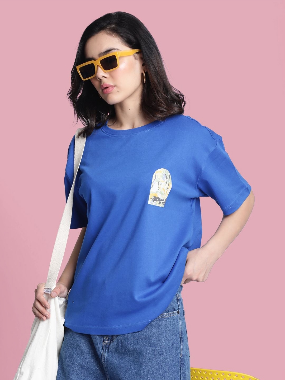 

Bene Kleed Women Printed Drop-Shoulder Sleeves T-shirt, Blue