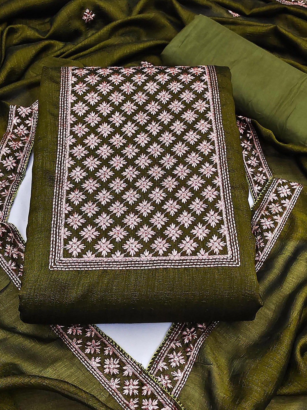 

SAINOOR Floral Embroidered Sequnnied Unstitched Dress Material, Olive