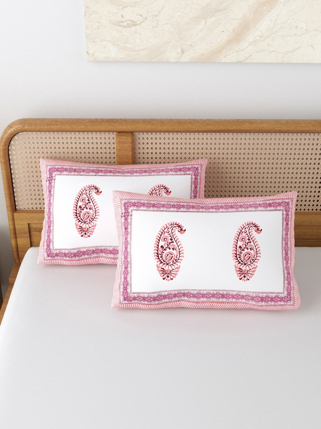 

BLOCKS OF INDIA Pink & White 2 Pieces Printed Pure Cotton Rectangle Pillow Covers