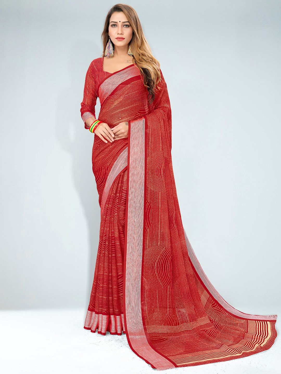 

Mitera Striped Poly Chiffon Sungudi Saree, Red