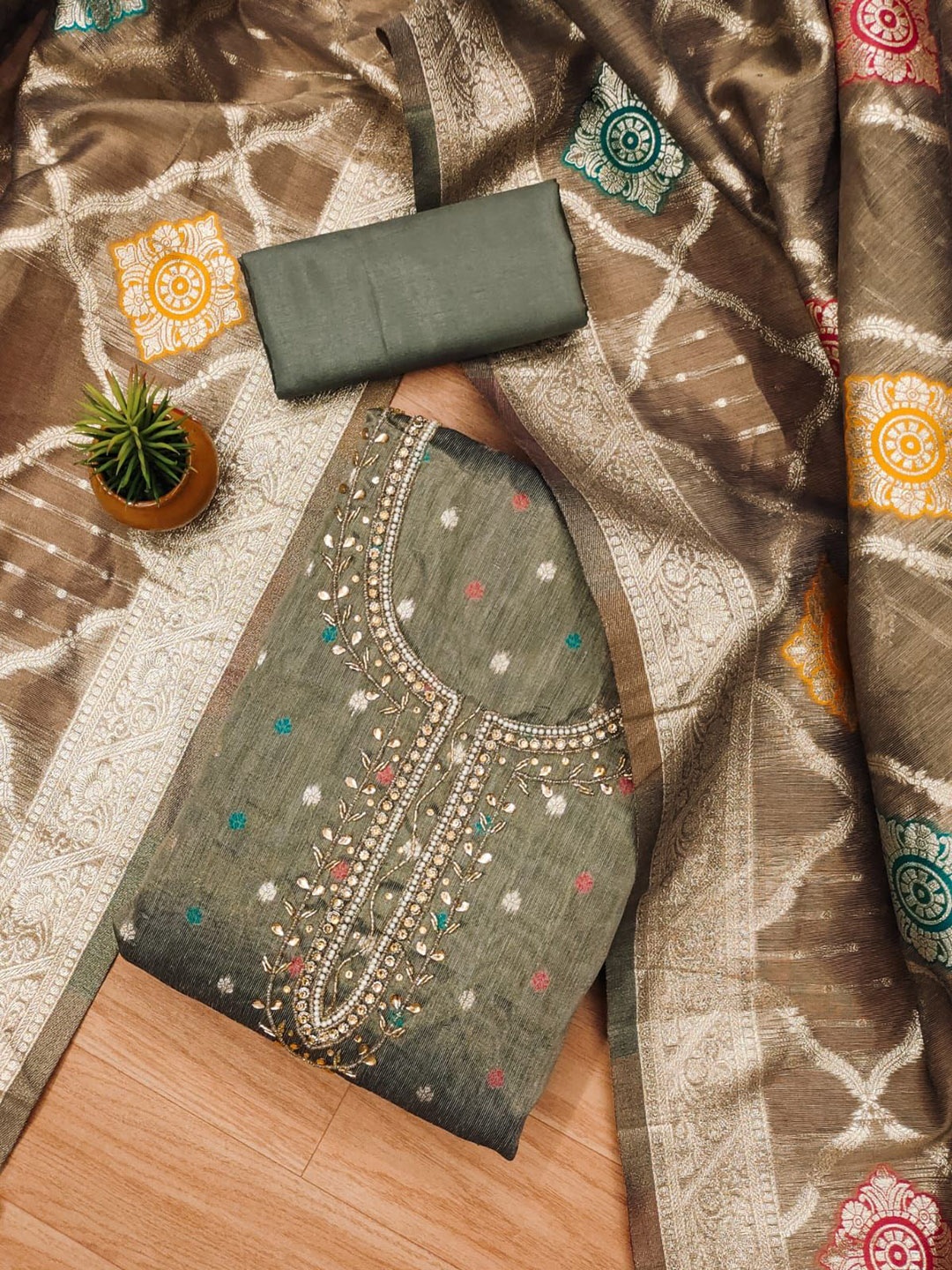 

Rangtulika Ethnics Motifs Embroidered Beads And Stones Unstitched Dress Material, Grey