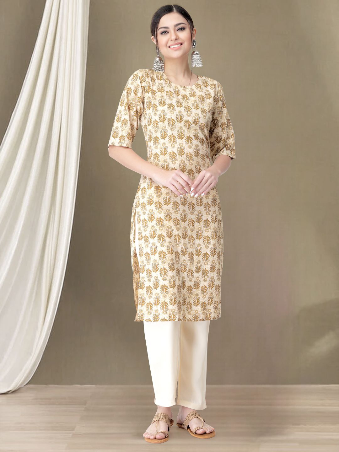 

Moda Rapido Floral Printed Round Neck Straight Kurta with Trousers, Beige